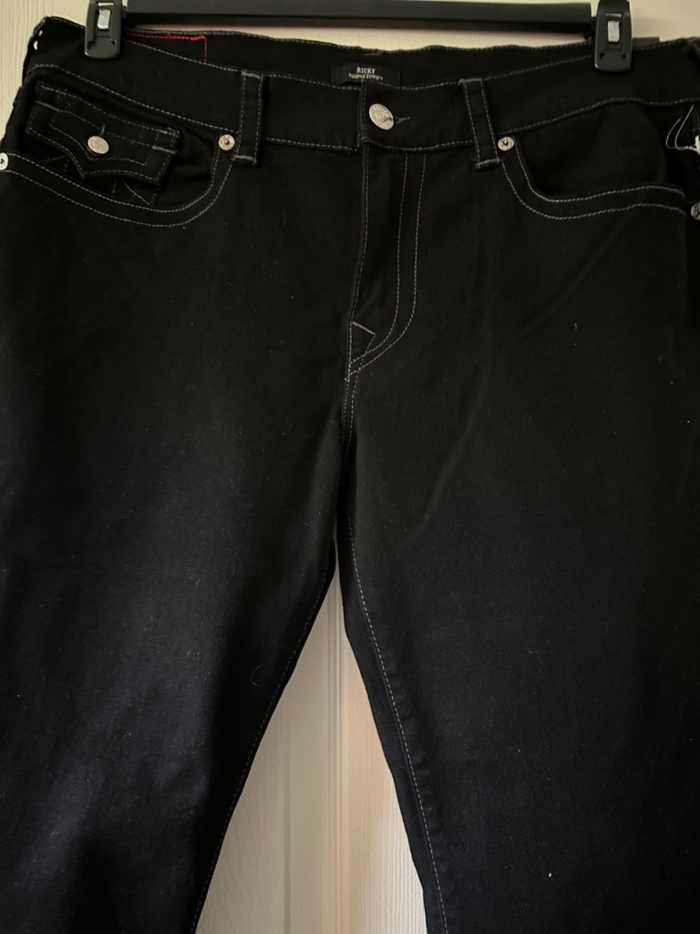 True Religion Black Slim Straight Jeans with Contrast Stitching